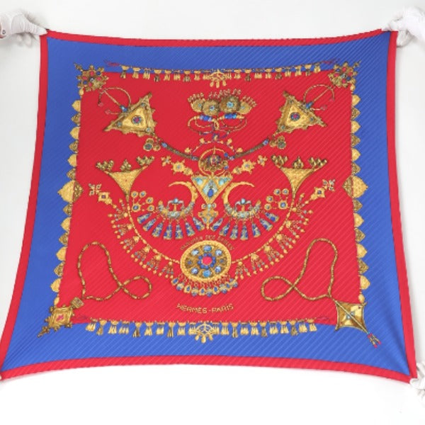HERMES scarf silk Blue x red Pleated scarf PleatedCarre Jewelry pattern Women
