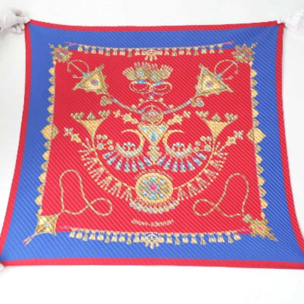 HERMES scarf silk Blue x red Pleated scarf PleatedCarre Jewelry pattern Women