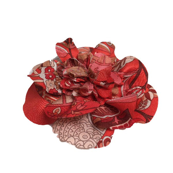 HERMES Brooch silk Red corsage flour Women