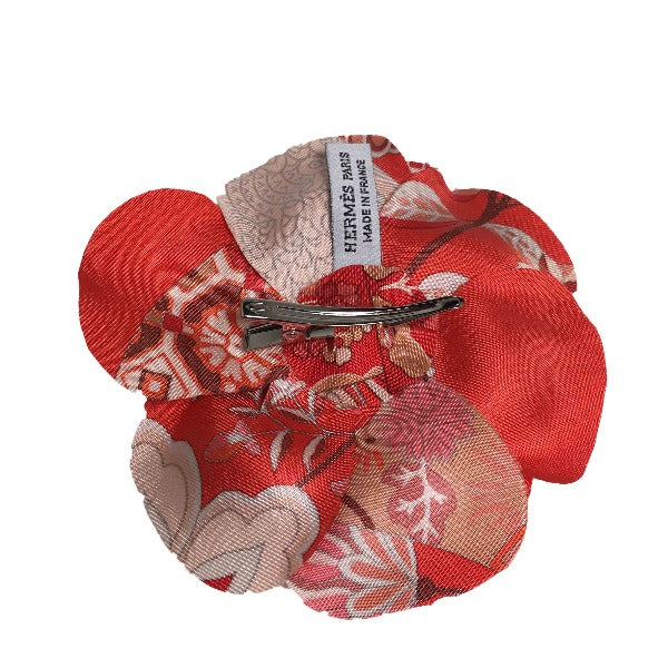 HERMES Brooch silk Red corsage flour Women