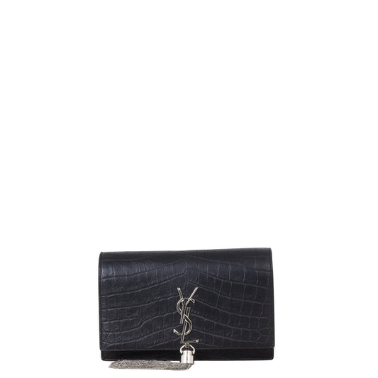Saint Laurent Kate Tassel Chain Wallet Croc-Embossed
