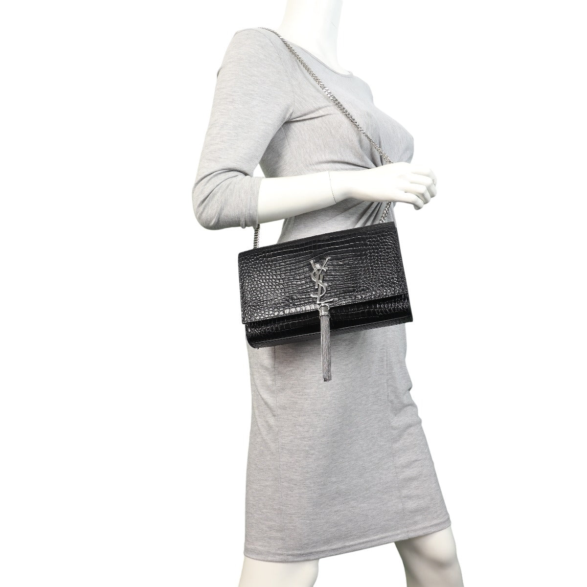 Saint Laurent Kate Tassel Chain Bag Medium Croc-Embossed