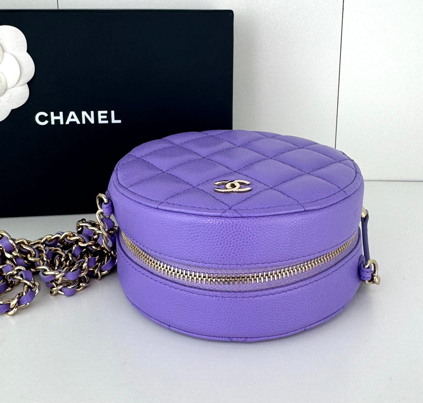 Chanel Caviar Quilted Round Clutch With Chain Purple