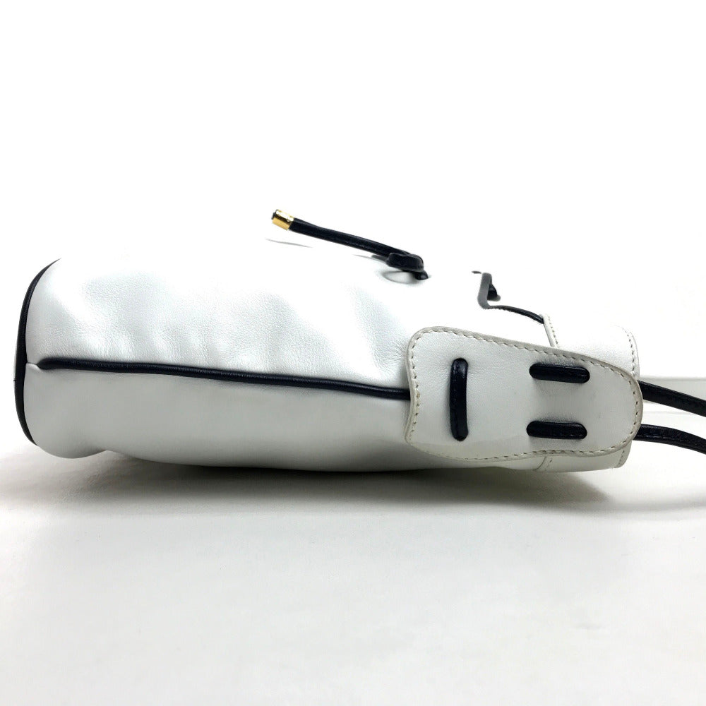 CELINE Shoulder Bag leather White x black Ribbon motif Women