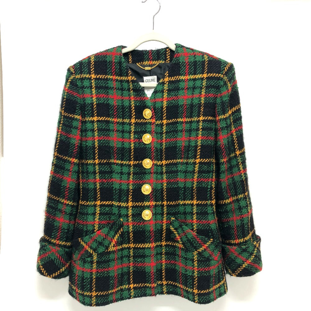 CELINE Jacket tweed Green/Yellow/Red/Black Vintage Check Macadam Button Jacket Outerwear Apparel Women 44
