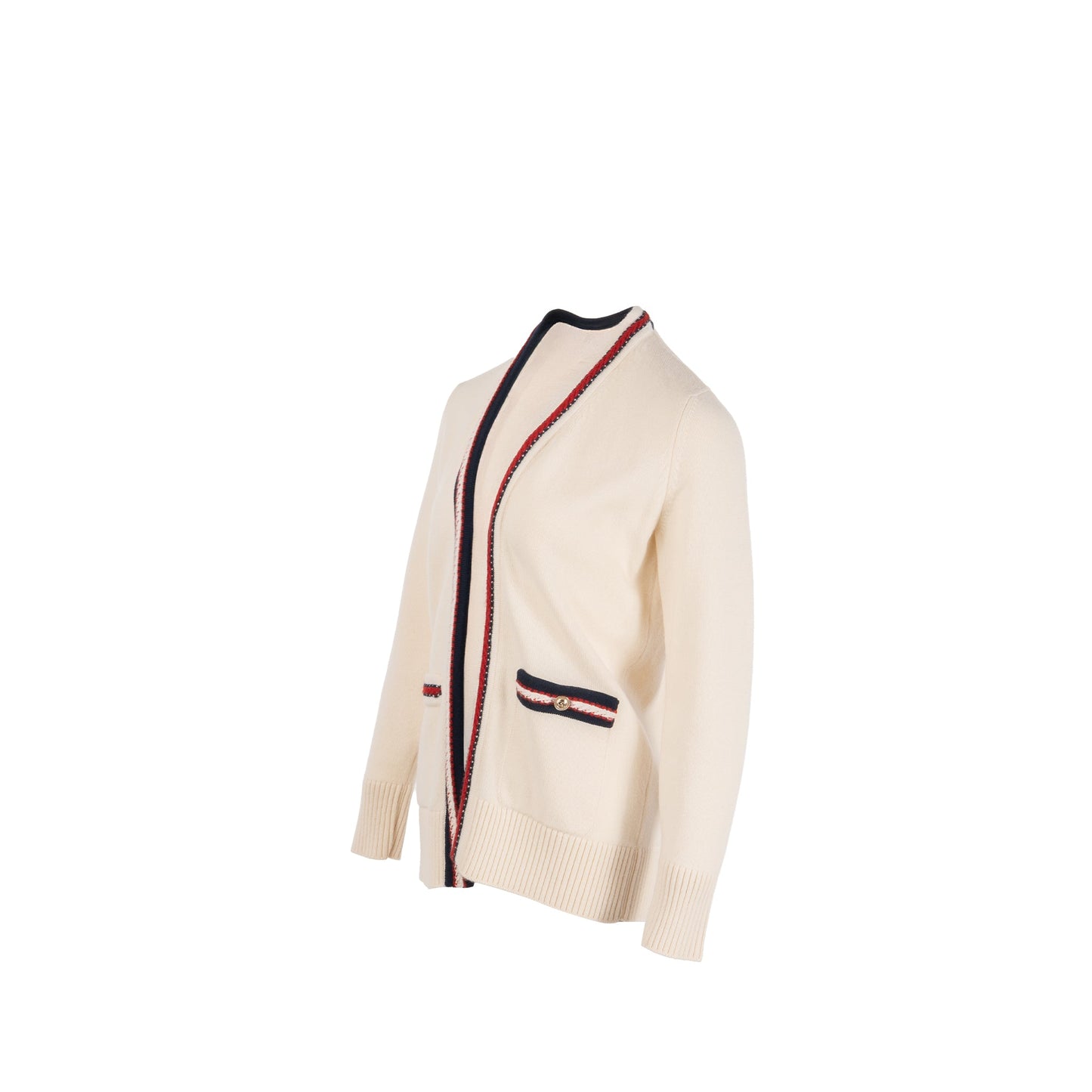 Chanel size 36 21C cardigan cashmere ecru/ red/ navy