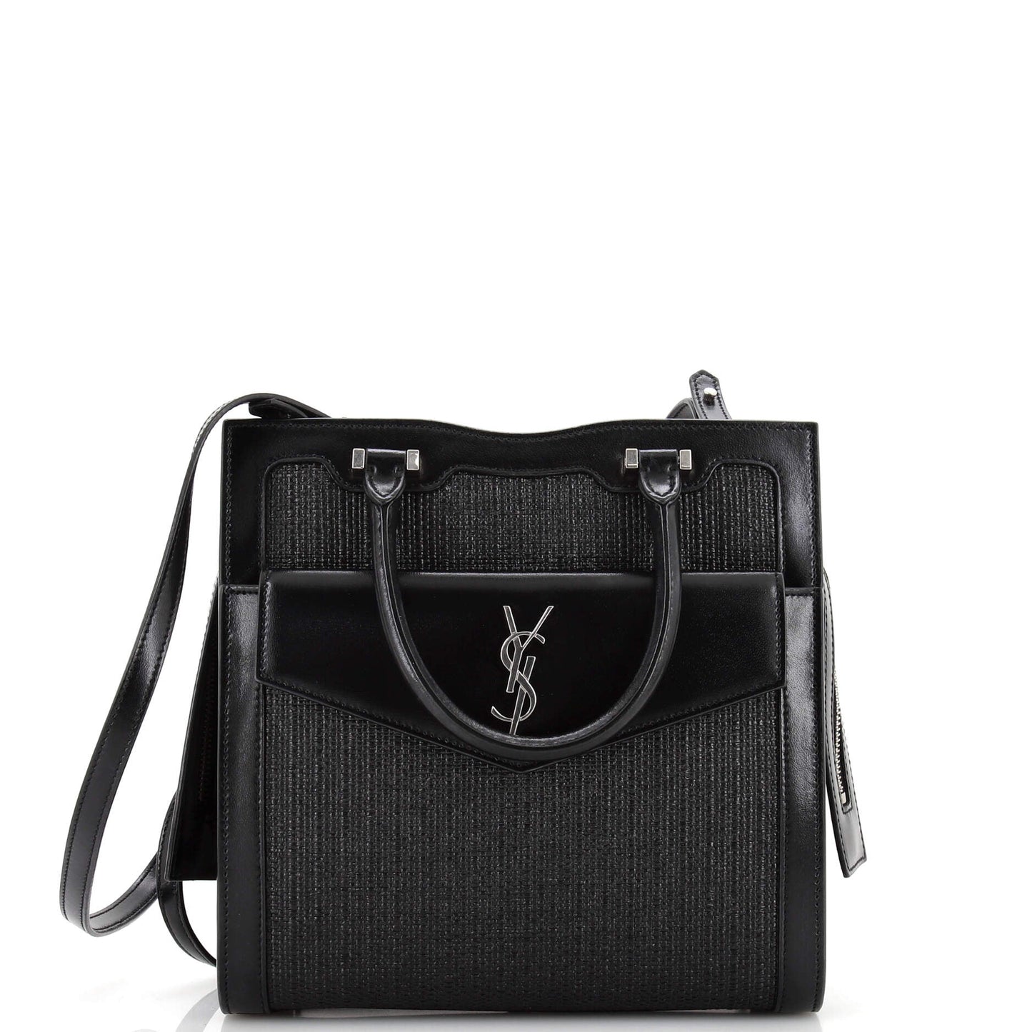 Luxury Saint Laurent Trending 2025 Uptown Tote Raffia with Leather Small