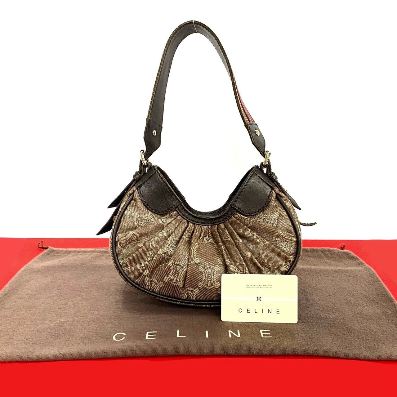 CELINE Handbag Leather, Canvas Brown Triomphe logo Pattern Women
