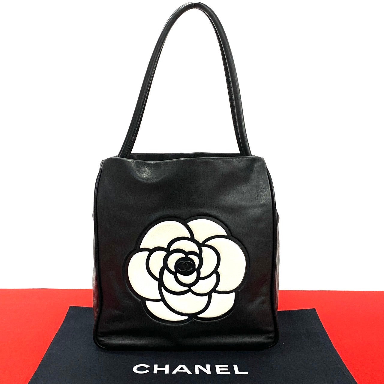 CHANEL Tote Bag lambskin black Camellia logo Women