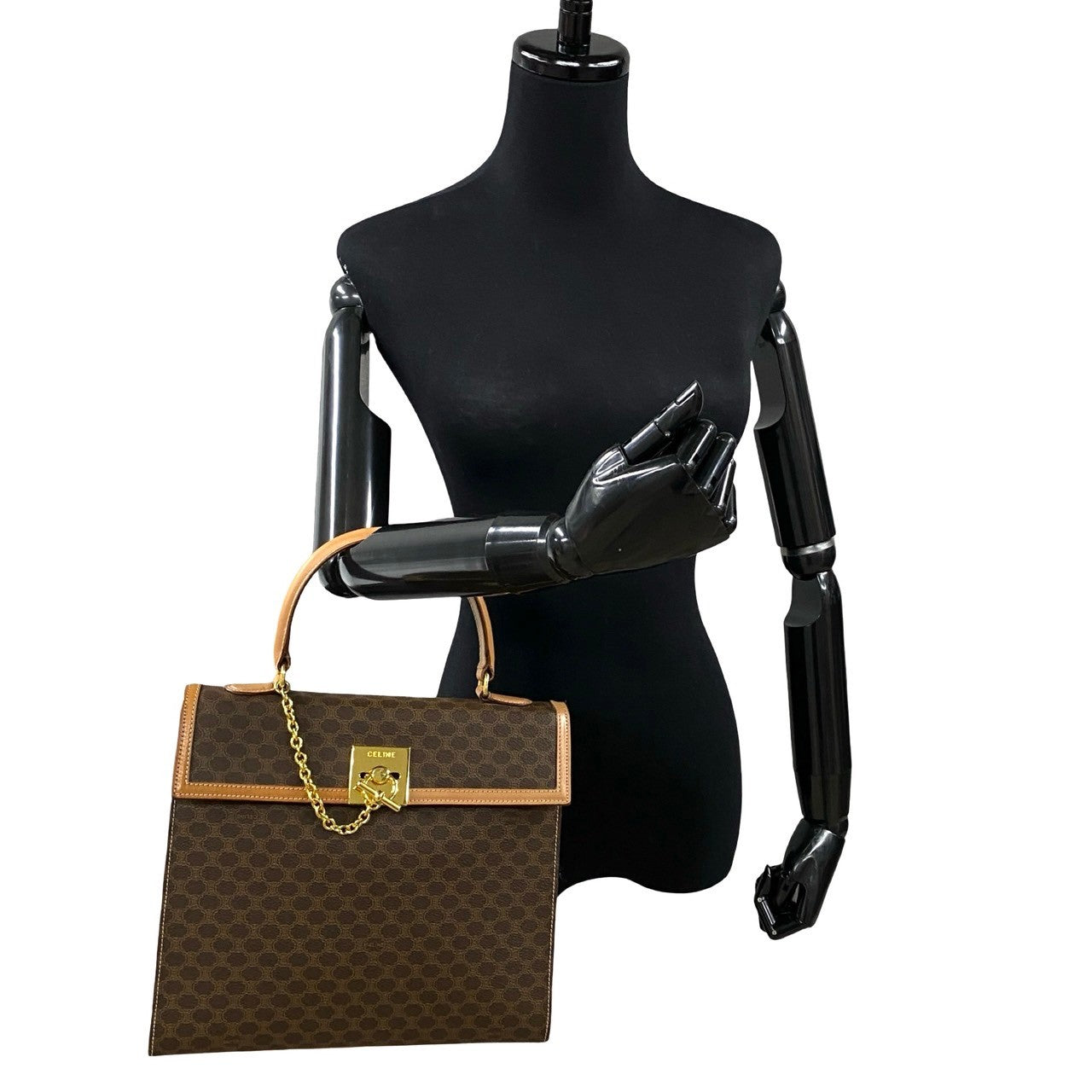 CELINE Handbag Leather, PVC Brown Macadam Blason Triomphe Pattern logo ring Metal Women