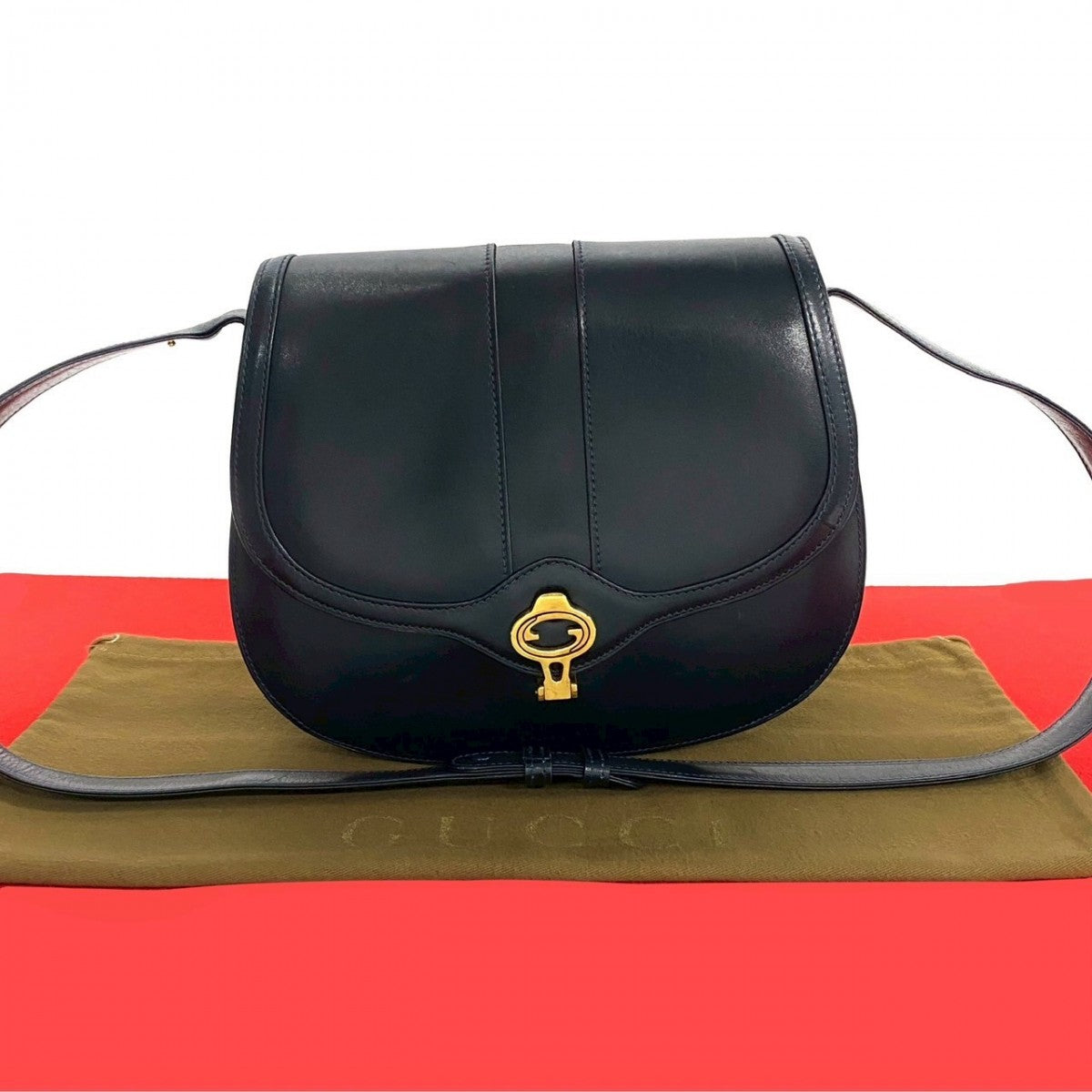 GUCCI Shoulder Bag leather Navy GG logo Metal Women