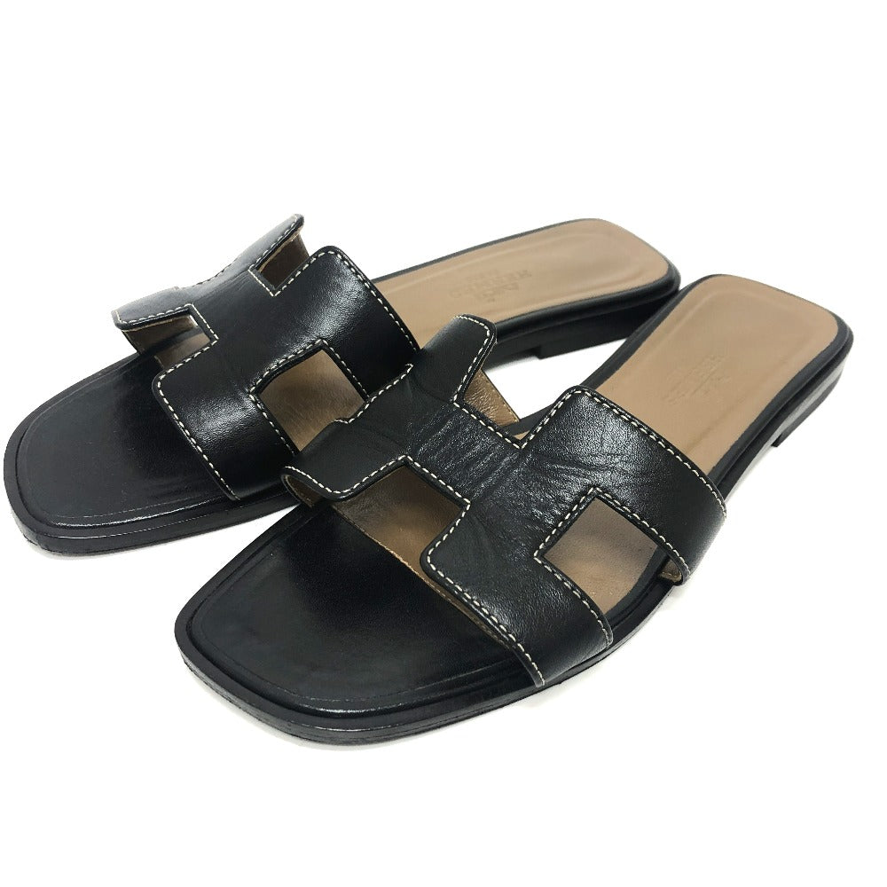 HERMES Sandals 021056Z leather black Oran H logo open toe 34
