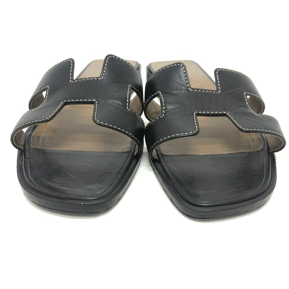 HERMES Sandals 021056Z leather black Oran H logo open toe 34
