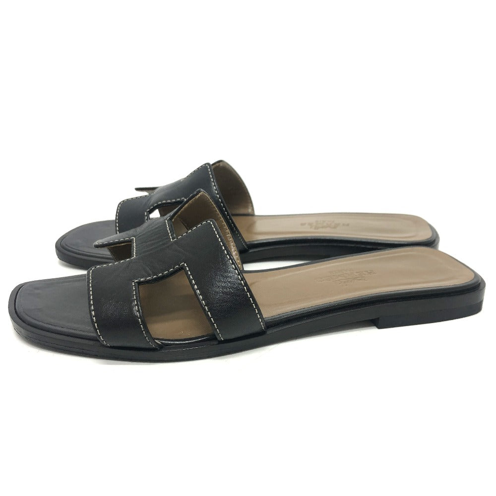 HERMES Sandals 021056Z leather black Oran H logo open toe 34