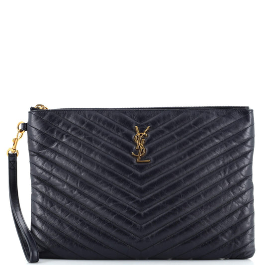 Luxury Saint Laurent Trending 2025 Classic Monogram Wristlet Pouch Matelasse Chevron Leather Medium