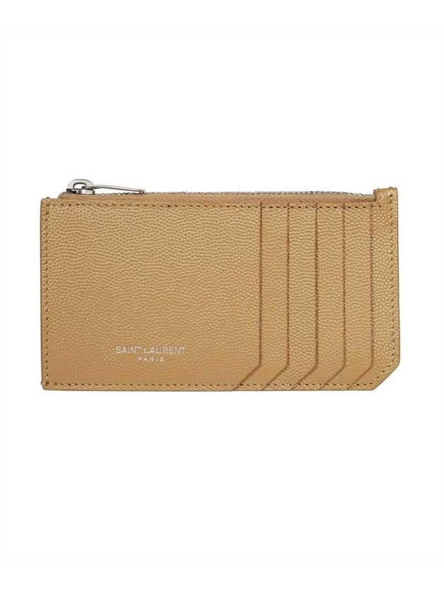 Luxury Saint Laurent Trending 2025 Logo Print Pebbled Leather Card Wallet Brown