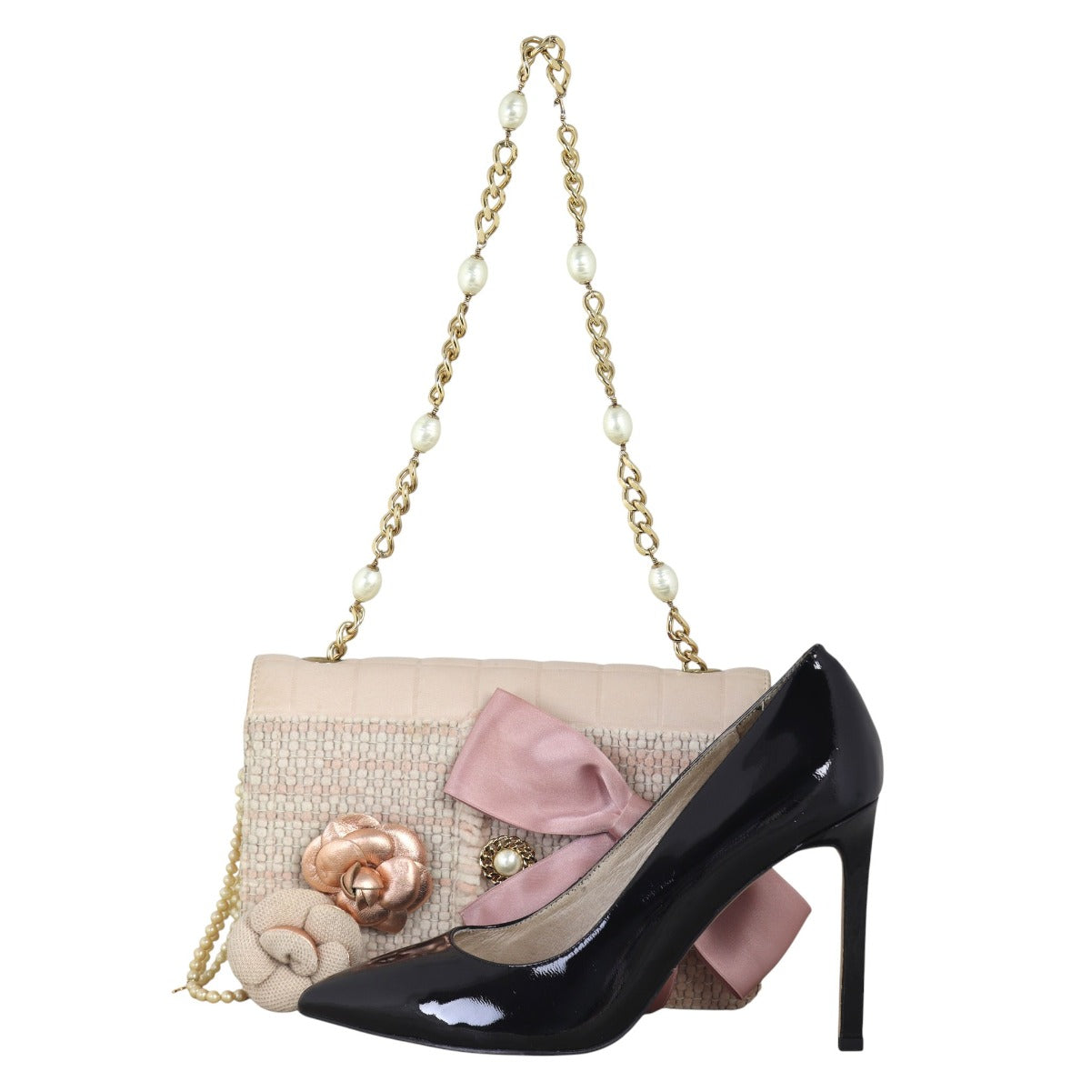 Chanel Camellia Tweed Pearl Chain Flap Bag Vintage