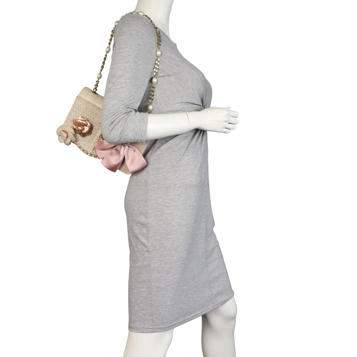 Chanel Camellia Tweed Pearl Chain Flap Bag Vintage