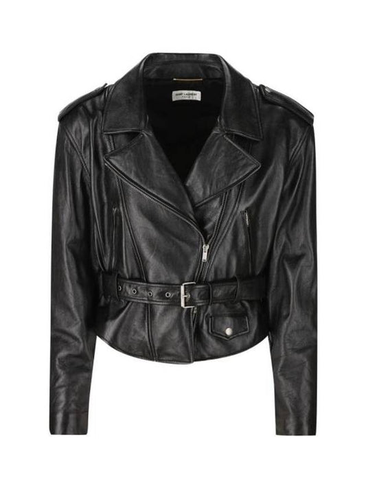 Luxury Saint Laurent Trending 2025 Crop Lambskin Biker Jacket Black