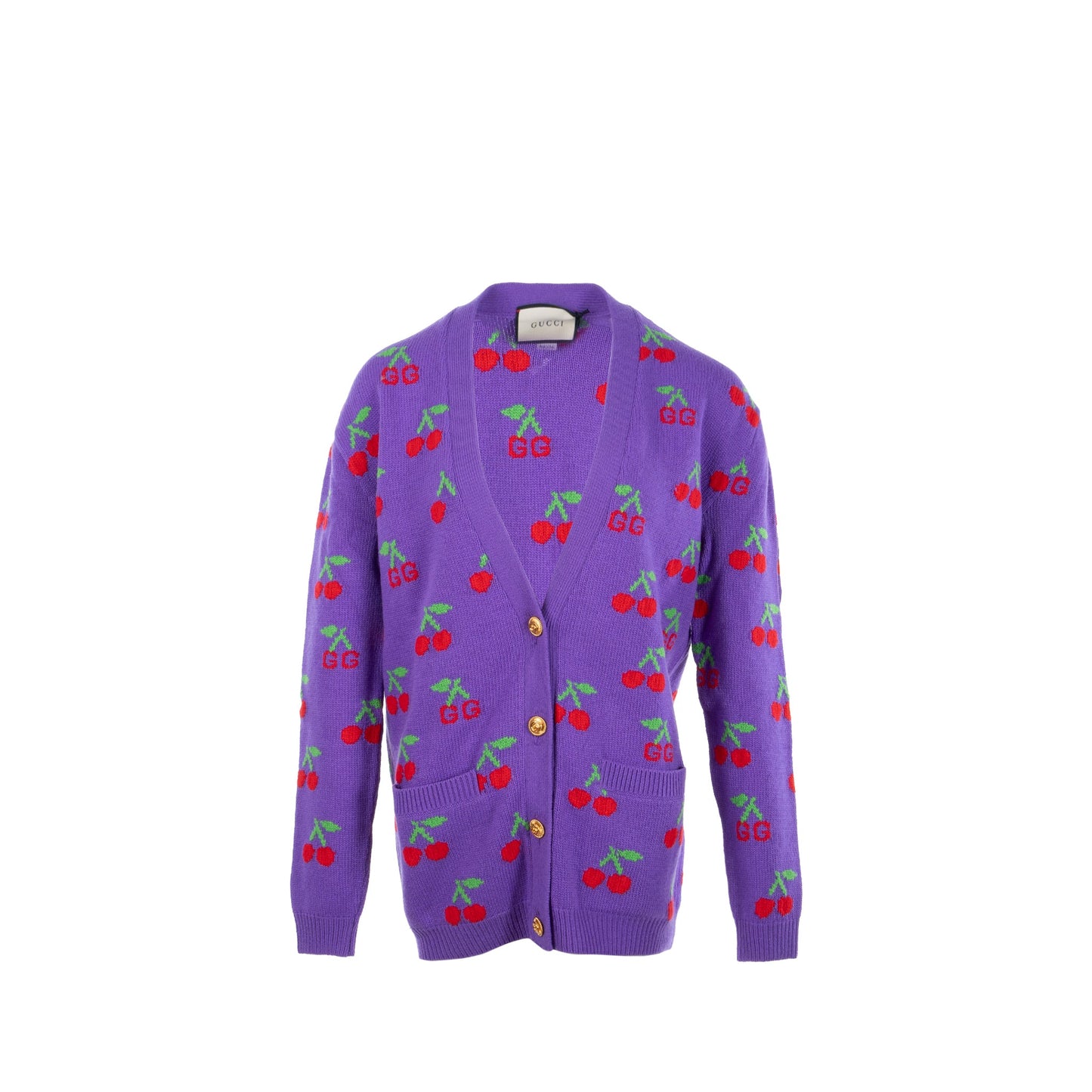 Gucci Size S Cherry Intarsia Knit Cardigan Wool Purple