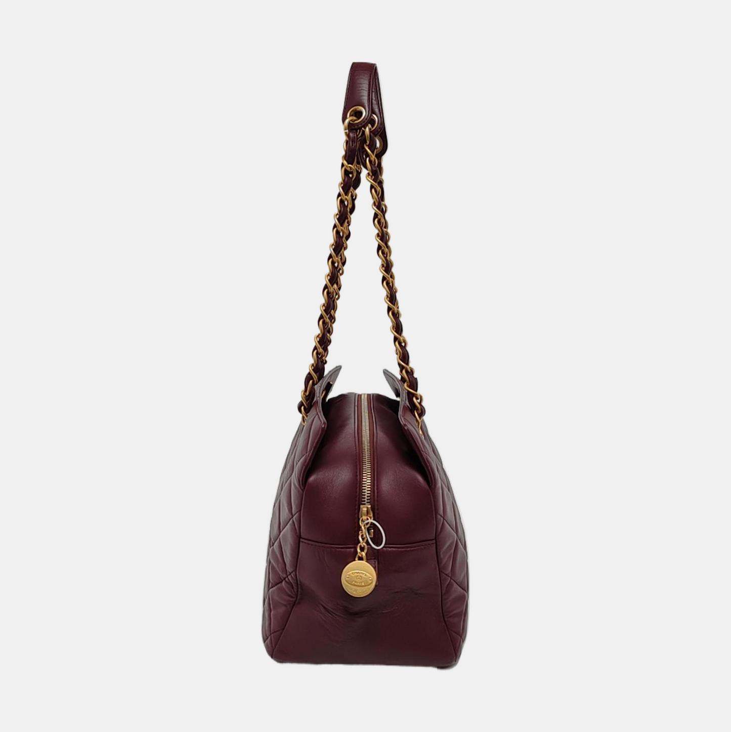 Chanel Petite Shopping Tote PTT Burgundy Lambskin Leather Gold-Tone Chain Shopping Bag