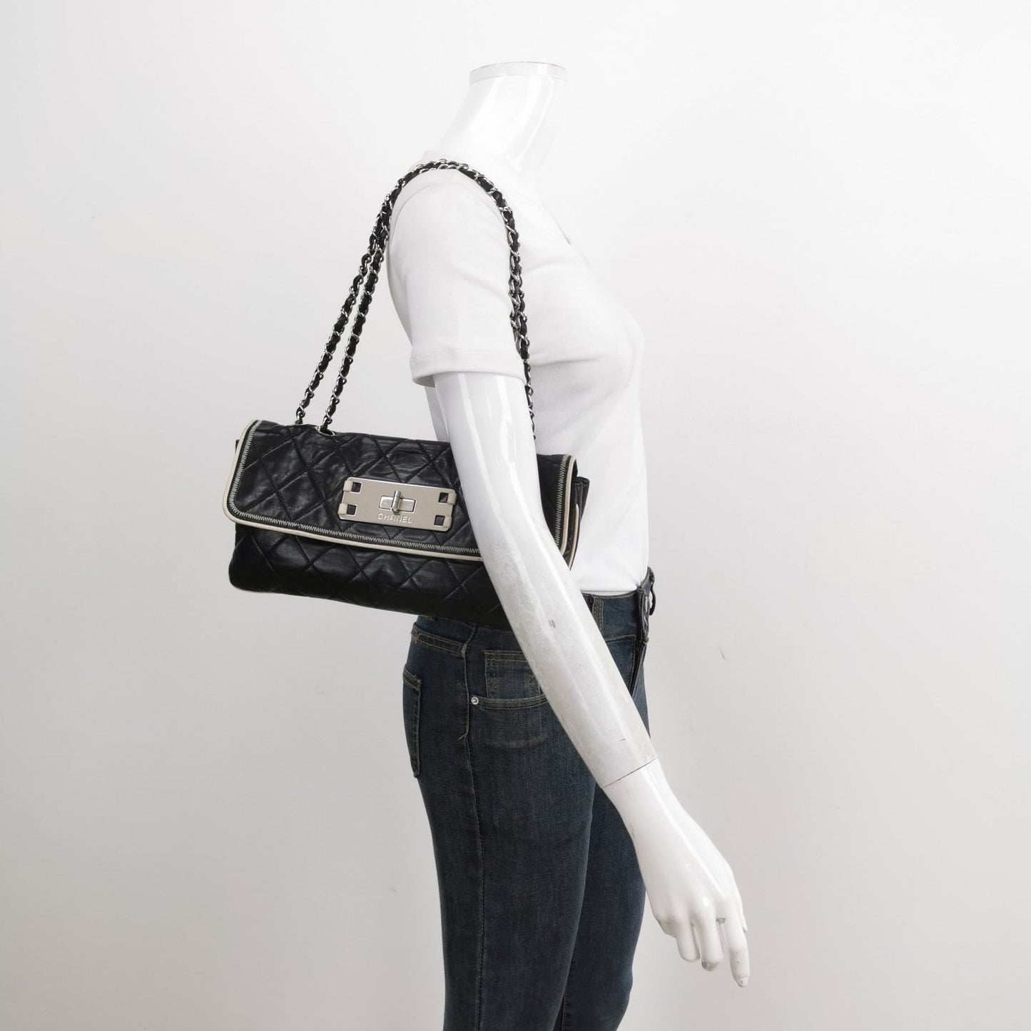 Chanel East West Mademoiselle Flap Bag 2008 Medium Black Leather Shoulder Bag
