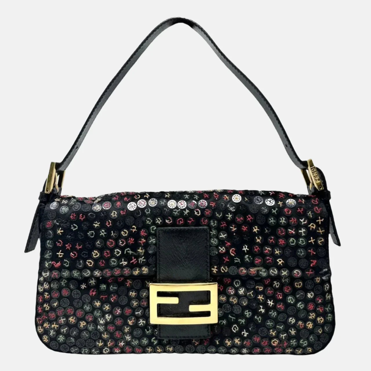 Fendi Baguette Multicolor Button Embroidered Leather Shoulder bag