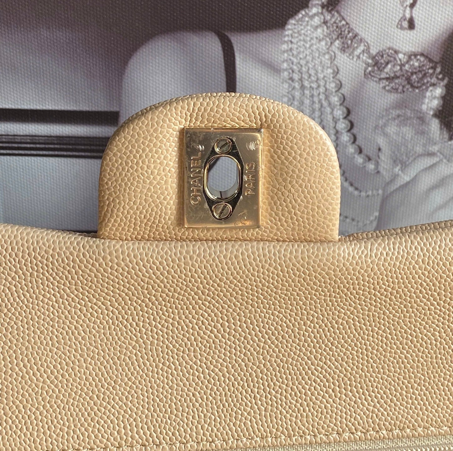 Chanel Medium Classic Handbag in Beige Caviar and Gold-Tone Metal
