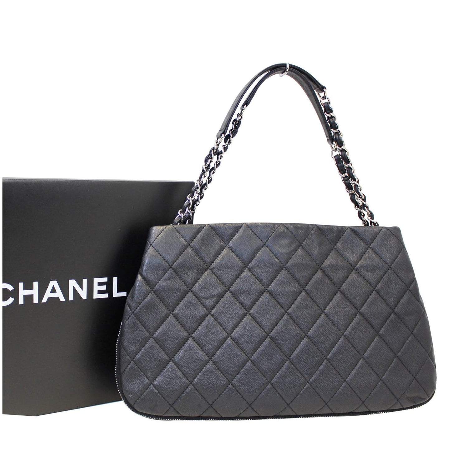 CHANEL Black Quilted Caviar Leather Zip Around Tote Bag