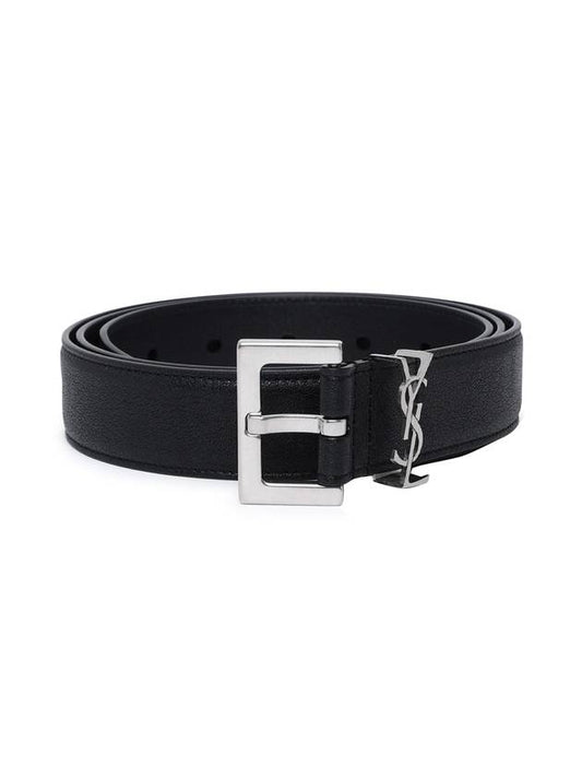 Luxury Saint Laurent Trending 2025 Silver Hardware Monogram Buckle Leather Belt Black
