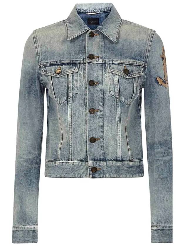 Luxury Saint Laurent Trending 2025 Anchor Embroidered Denim Jacket Blue