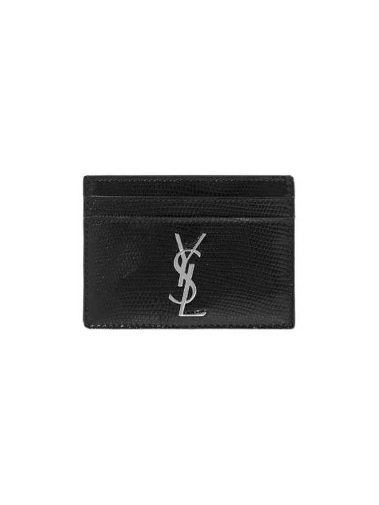 Luxury Saint Laurent Trending 2025 Monogram Lizard Effect Glossy Leather Card Holder Black Silver