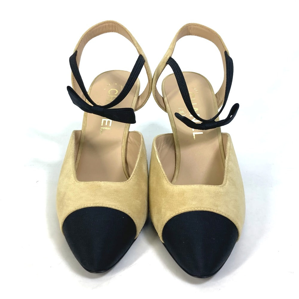 CHANEL Mule G36360 Canvas/Suede , Canvas/Suede Beige x black Heel CC logo COCO Mark Ribbon bicolor Women 37