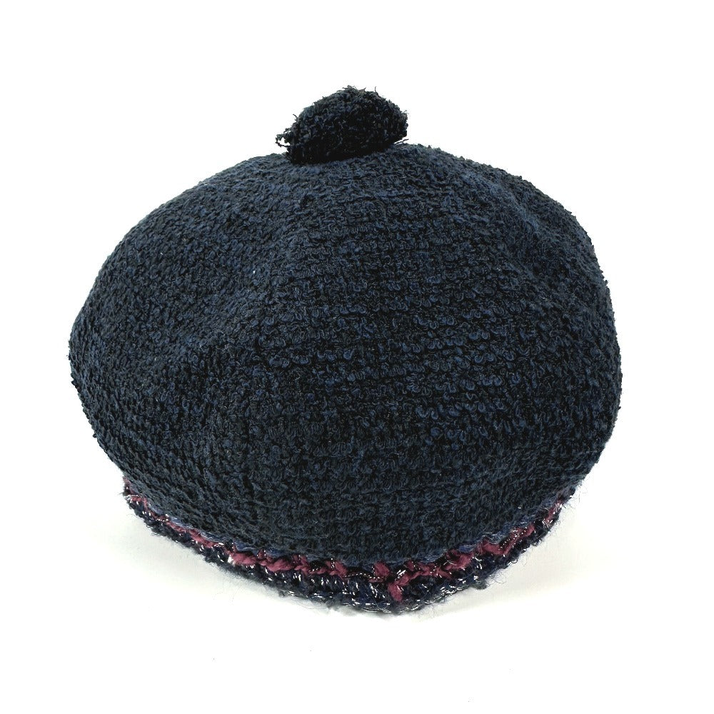 CHANEL Knit hat cotton Navy Glitter logo with pom-pom CC COCO Mark Tweed Women 57