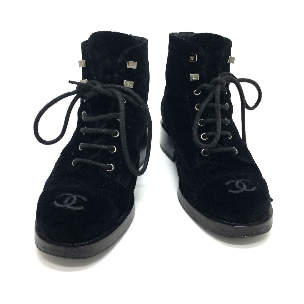 CHANEL boots G34954 velvet black CC COCO Mark Lace up Women 37.5