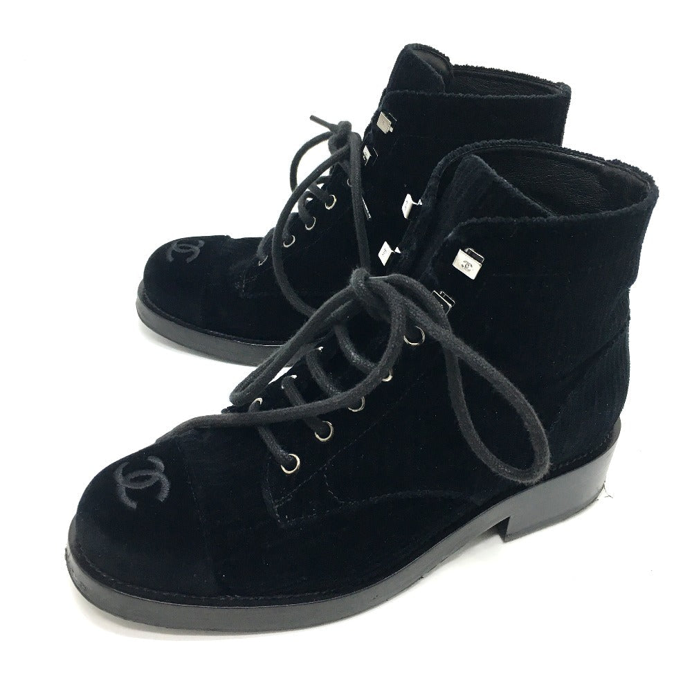CHANEL boots G34954 velvet black CC COCO Mark Lace up Women 37.5