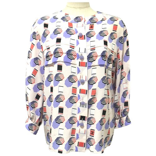 CHANEL Long sleeve shirt P61308 silk Soft pink typex multicolor CCCOCO Mark 19S parasol motif Women 34