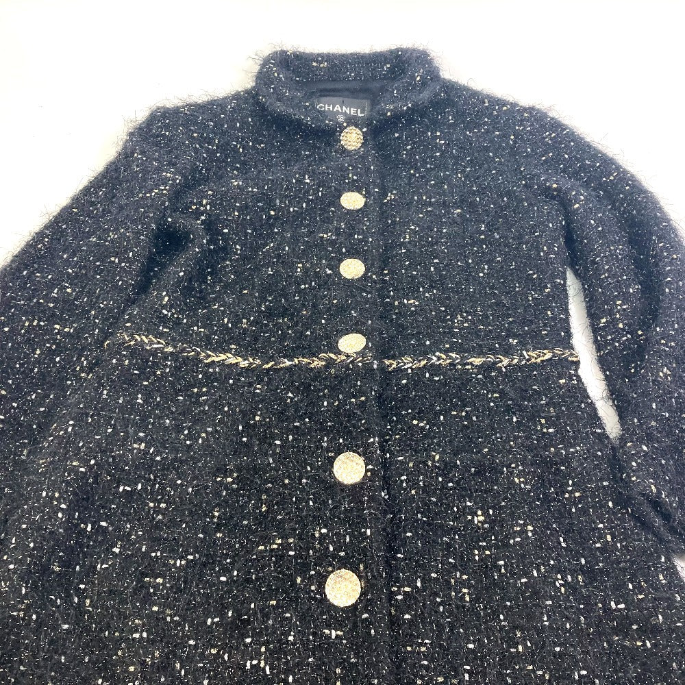CHANEL coat P73115 Nylon, Cotton black lame tweed Matelasse COCO Mark Button Women 34