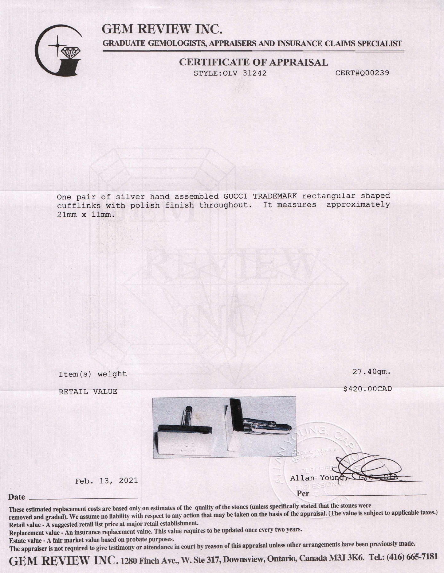 Gucci Sterling Silver Trademark Cufflinks