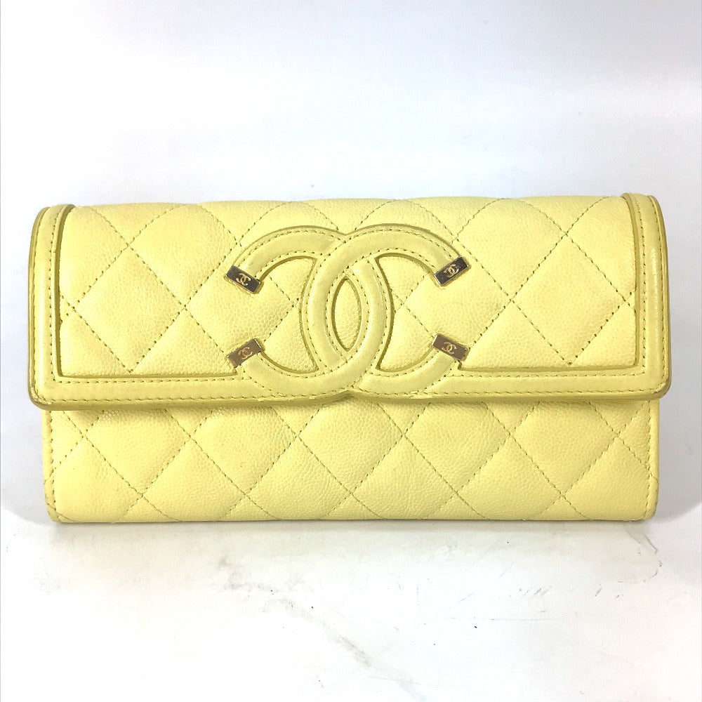 CHANEL Long Wallet Purse Caviar skin yellow Two fold Long wallet Filigree CC COCO Mark Women