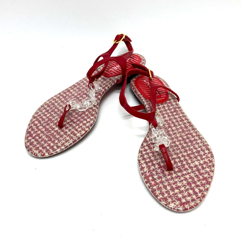 CHANEL Sandals leather Red petanko flat shoes CC COCO Mark Tweed Women 38
