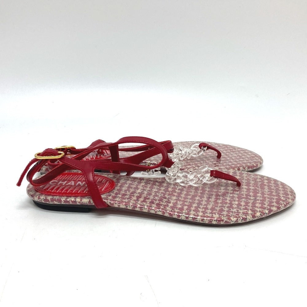 CHANEL Sandals leather Red petanko flat shoes CC COCO Mark Tweed Women 38
