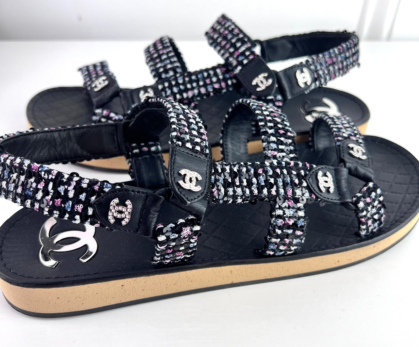 Chanel Tweed Lambskin Crystal CC Sandals Black Multicolor