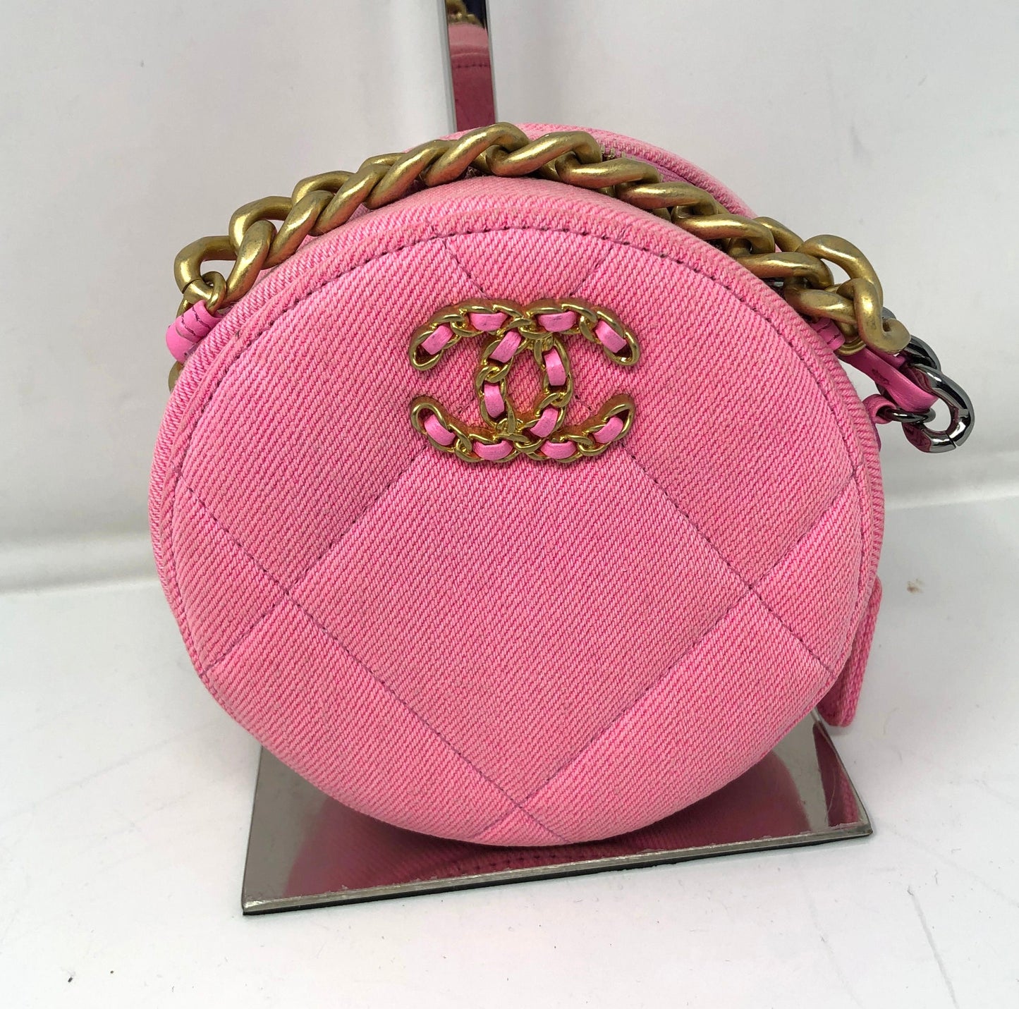 Chanel 19 Round Clutch with Chain Quilted Denim