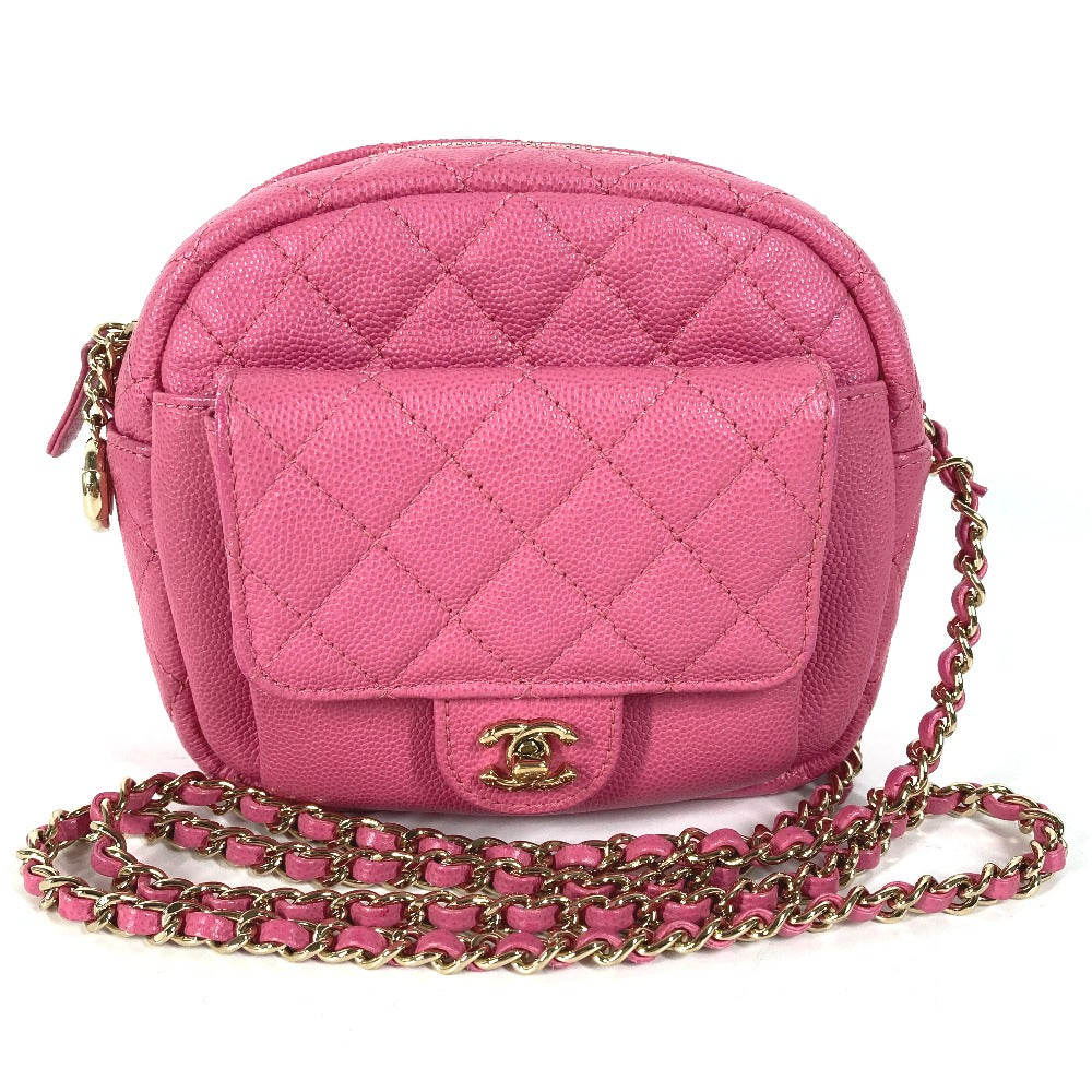 CHANEL Shoulder Bag Caviar skin pink Matelasse quilted Chain bag CC COCO Mark
