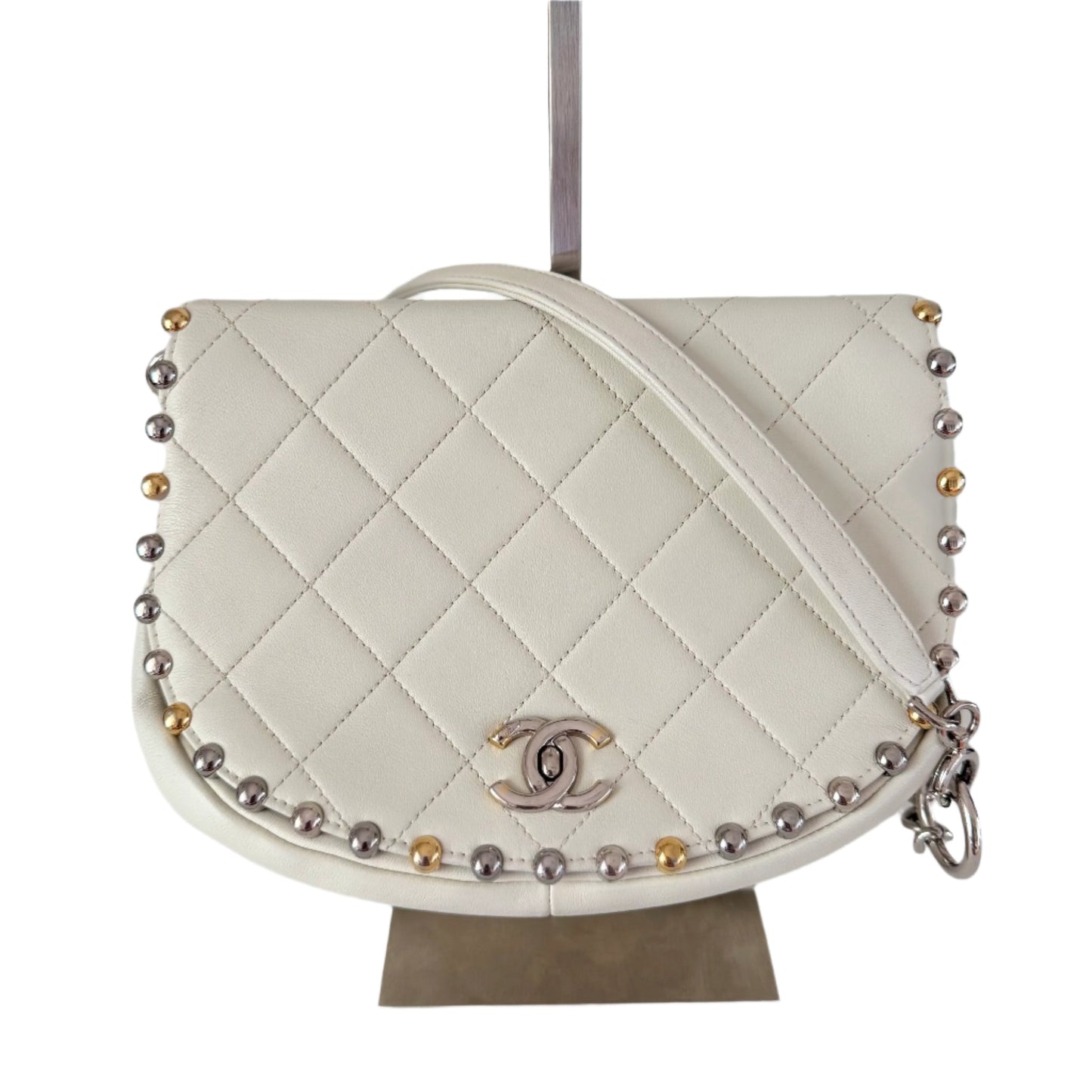 Chanel White Calfskin Leather Embellished Flap Saddle Bag, 2018-19