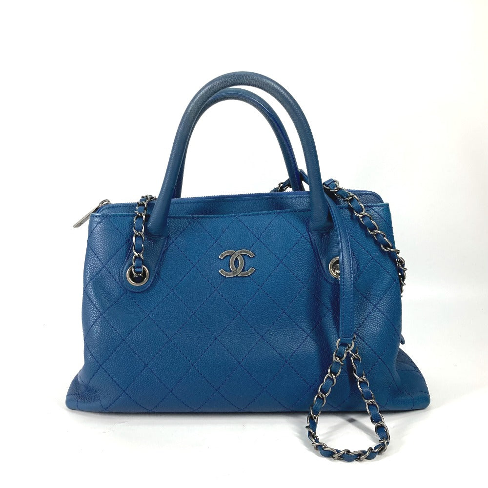 CHANEL Shoulder Bag Caviar skin blue Tote Bag Handbag CC COCO Mark Matelasse Quilting Women
