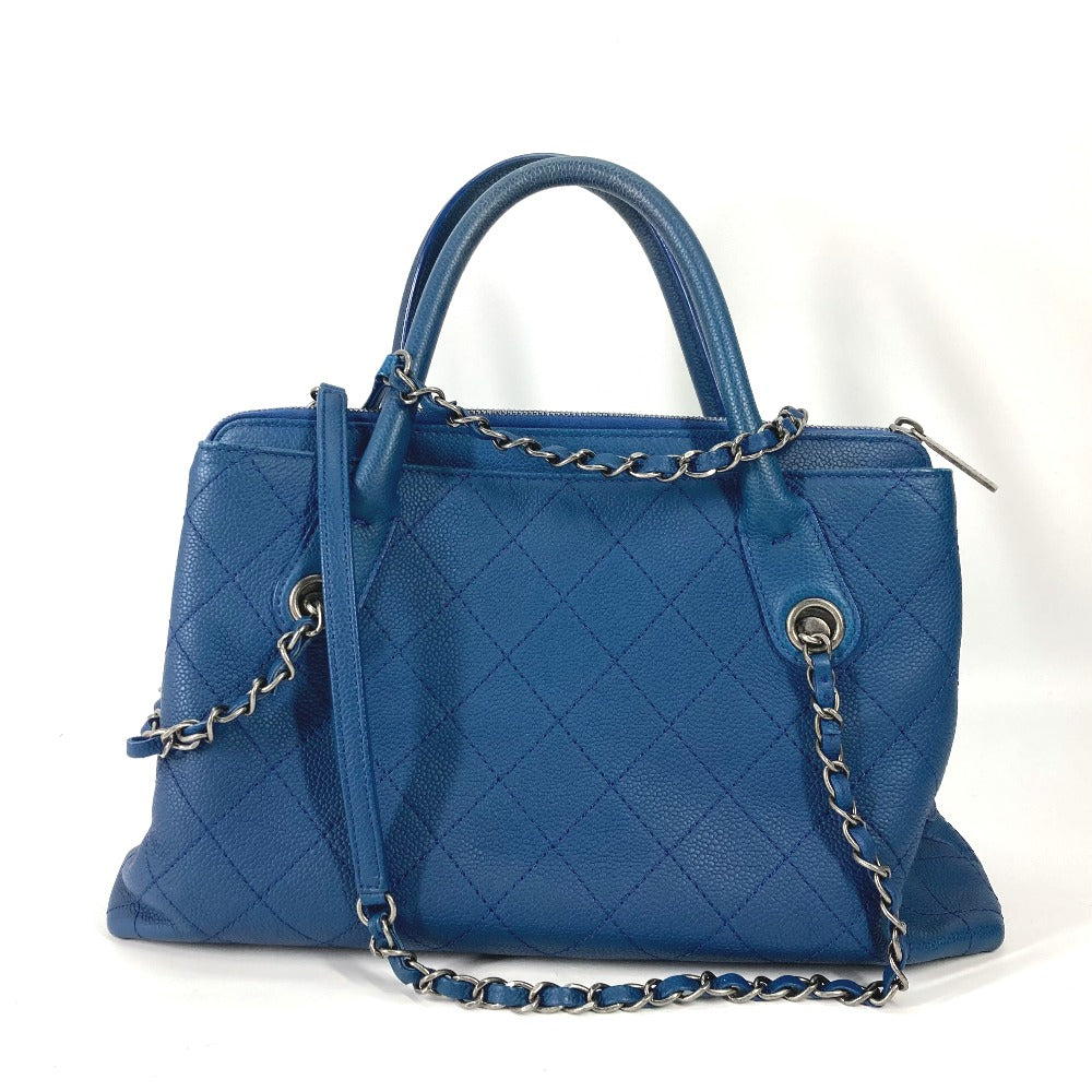 CHANEL Shoulder Bag Caviar skin blue Tote Bag Handbag CC COCO Mark Matelasse Quilting Women