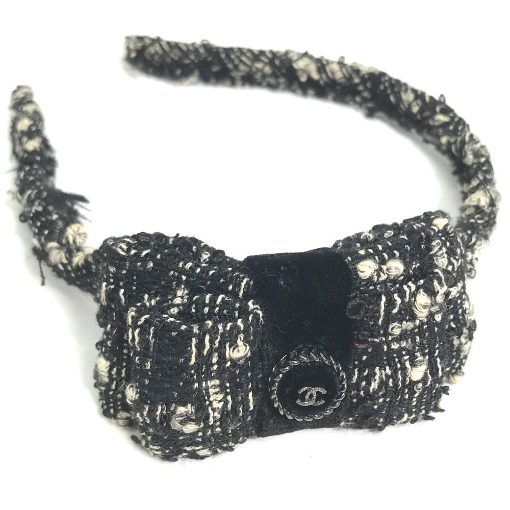 CHANEL hair accessory tweed black Ribbon Ribon Women
