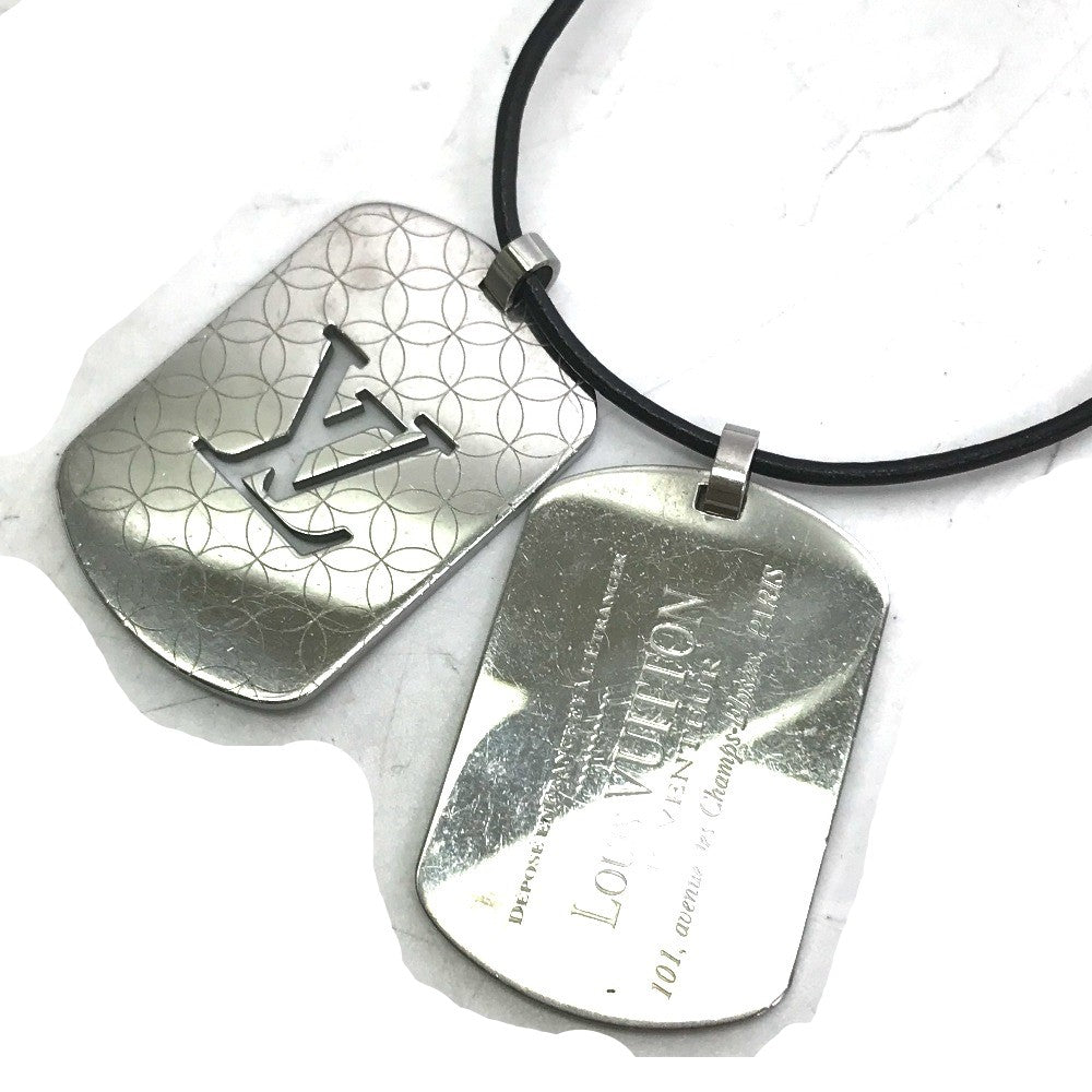 LOUIS VUITTON Necklace M65453 Stainless Steel , Leather Silver Dog Tag Choker Pandanthif Champs Elysees GM